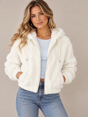 Planet Heart Ivory Faux Fur Hooded Zip Up Jacket Juniors Cozy Plush Large